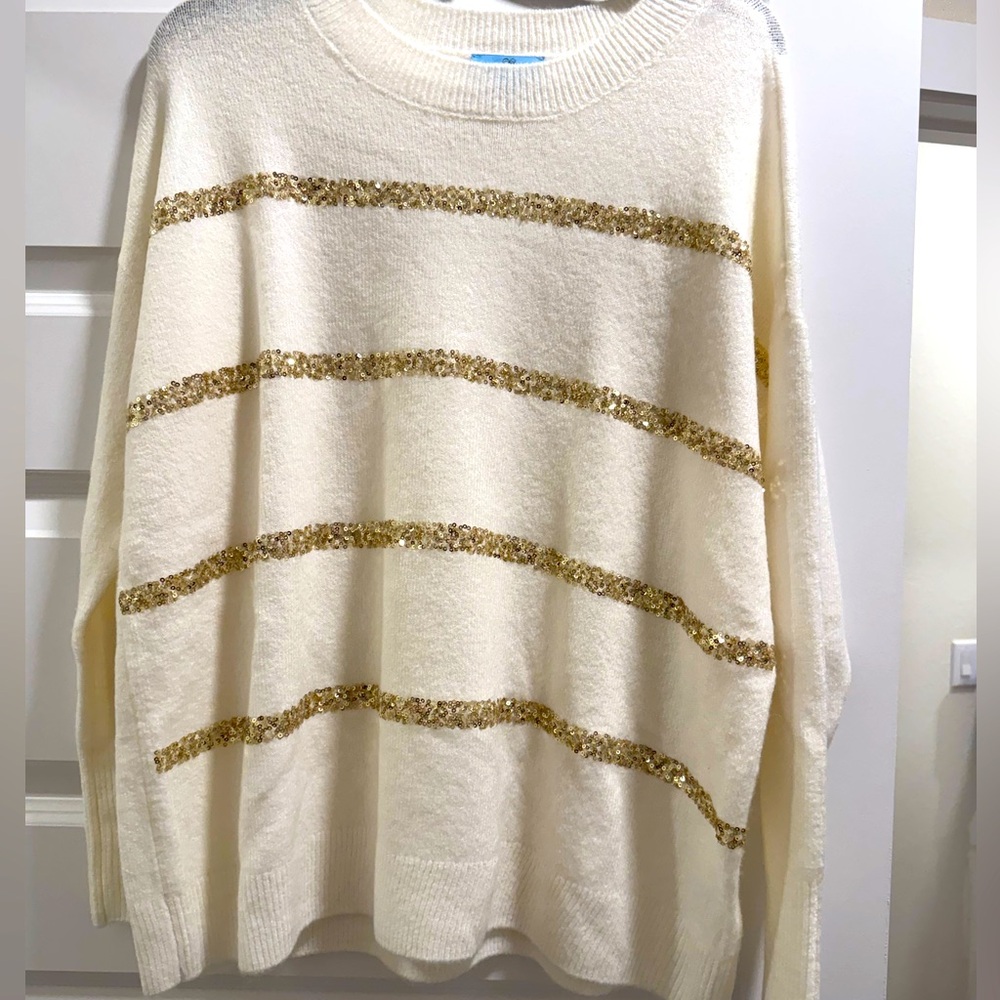 CeCe Cream and Gold Striped Sweater